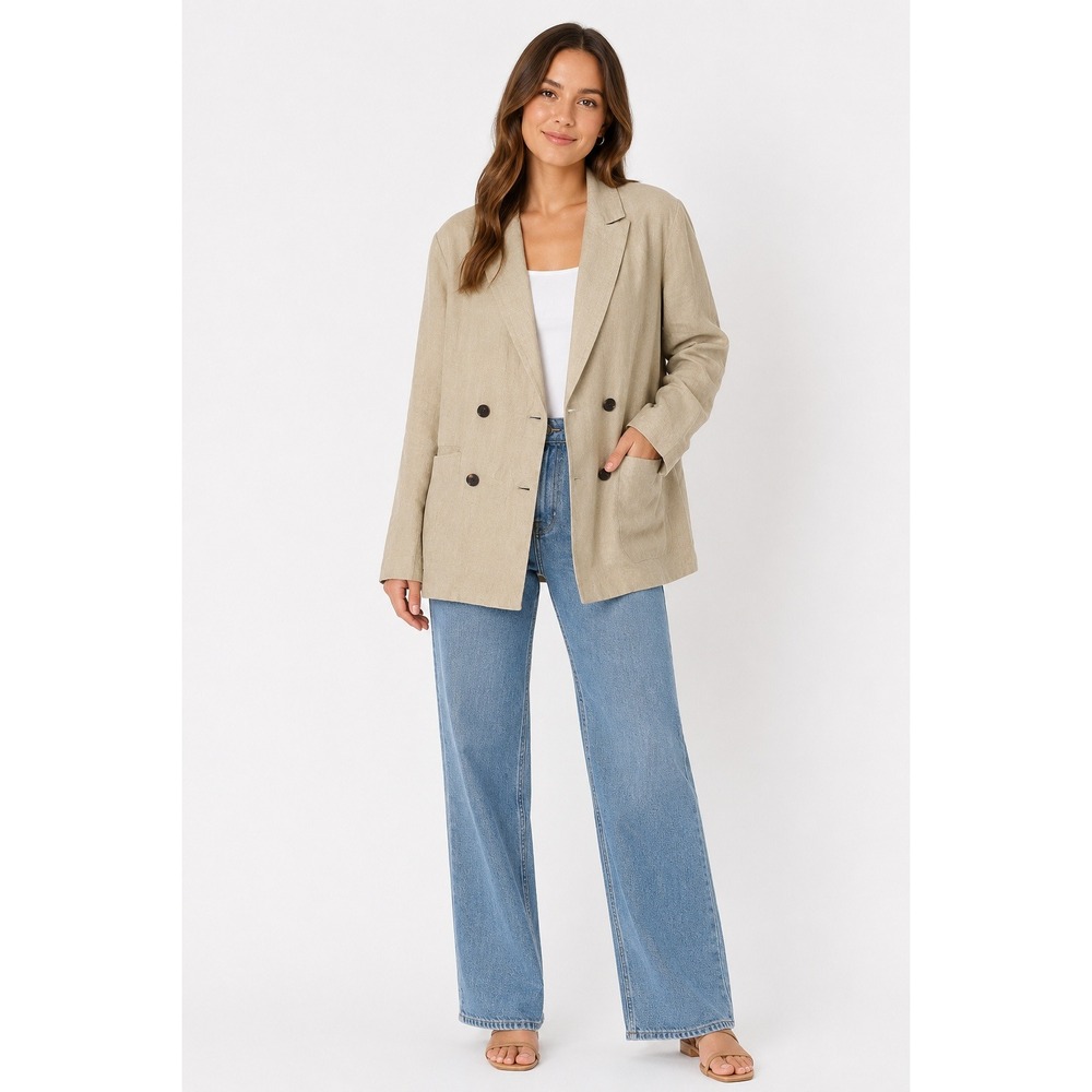 Everlane Women 8 Linen Double Breasted Blazer Khaki Beige European Flax Jacket